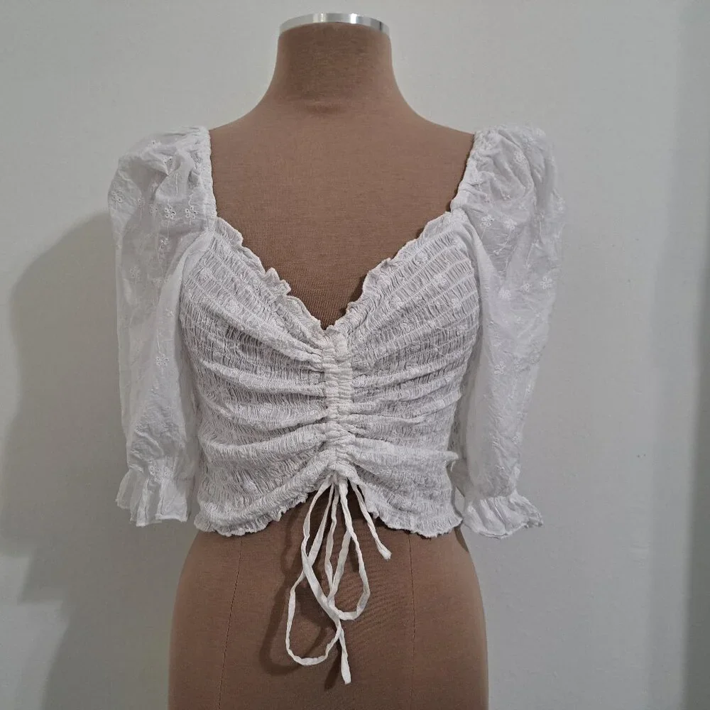 Who's That Girl? Camisole White Crop Top Cotton Eyelet 3/4 Sleeve Size L